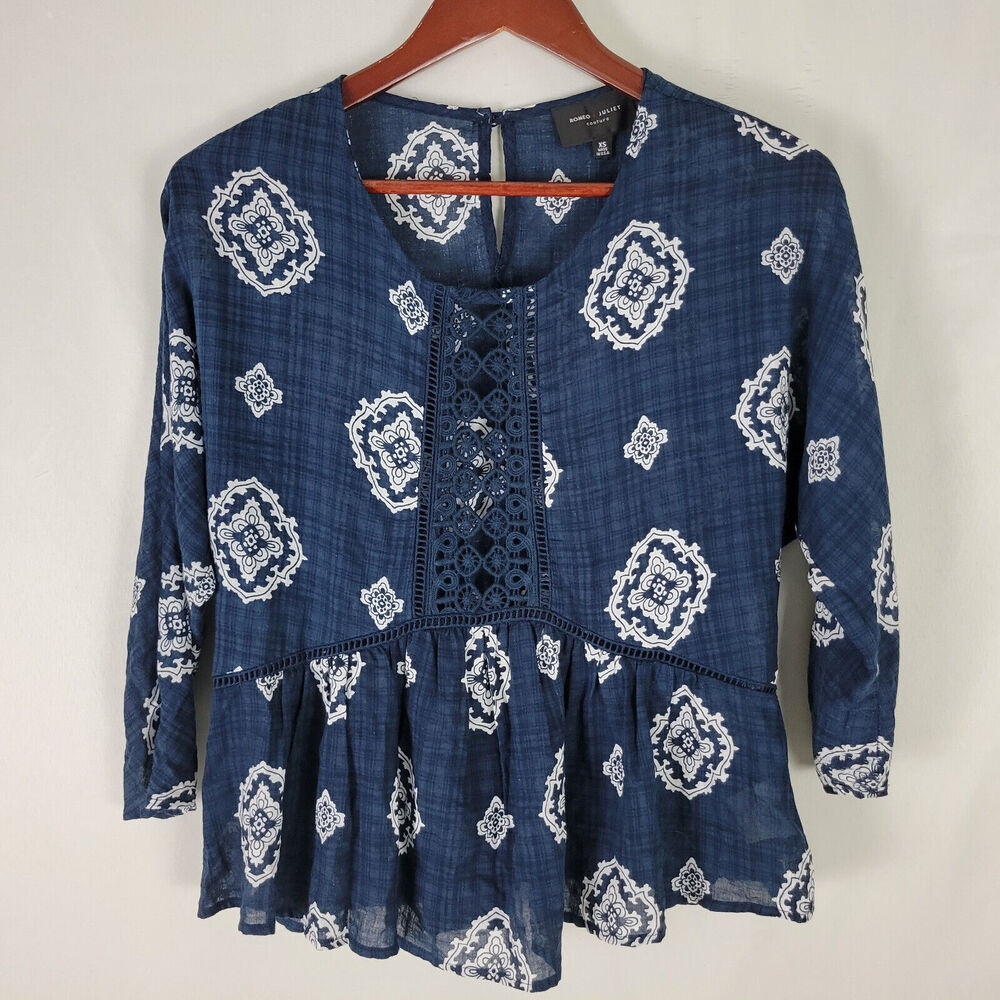 Romeo + Juliet Shirt Women XS Peplum Top Blue Dolman Sleeve Scoop Neck Blouse